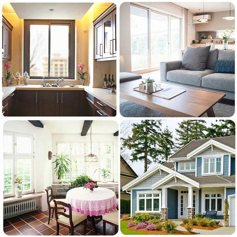 Various rooms and a house exterior showcasing versatile settings for Fiberglass Window Screen And Door Replacement Mesh 48 X 118 Inches use.