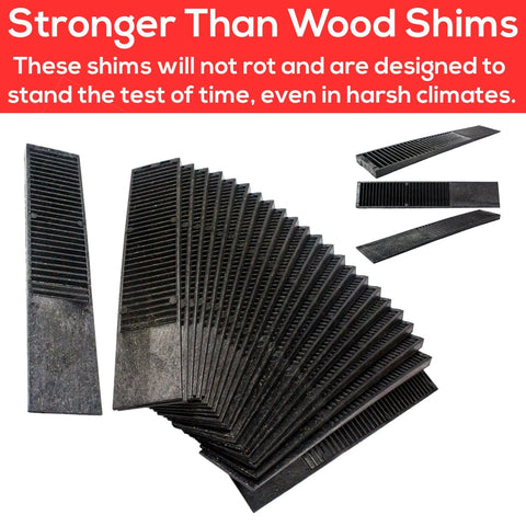 Pro Grade Composite Shims For Heavy Duty Leveling 24 Pack 7.75 Inch Never Rot Easy Snap Level Wedges displayed in a fan layout.