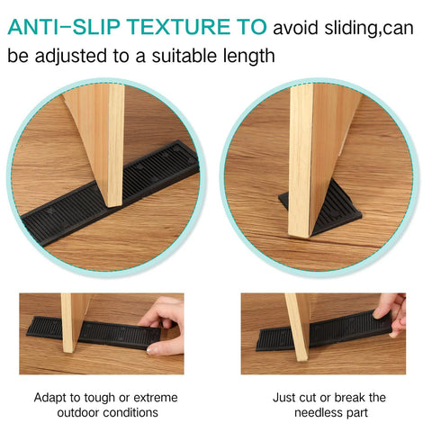 100 Pack Of 8 Inch Composite Plastic Shims placed under table leg to level and stabilize, showing anti-slip texture and adjustable sizing