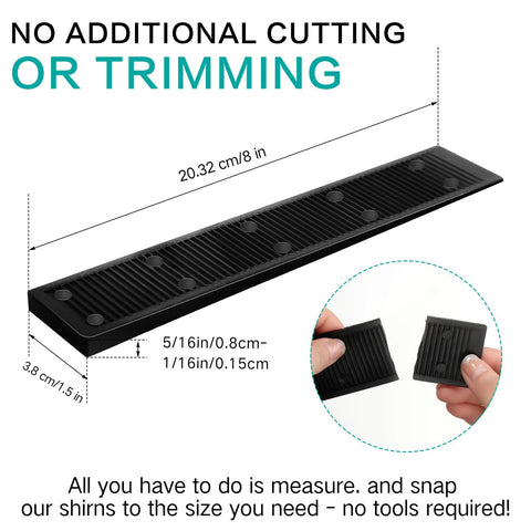 Black composite shims from Beefy 200 Pack 8 Inch Composite Plastic Shims For Leveling And Adjustable Wedges shown with dimensions and snapping feature.