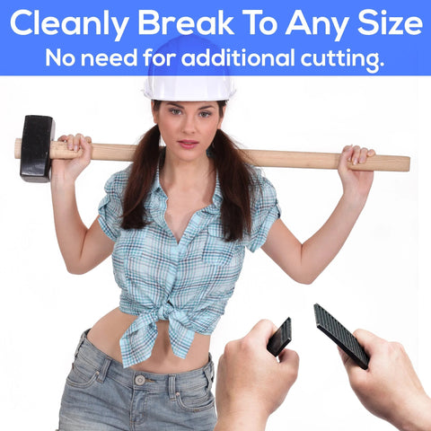 Pro Grade Composite Shims For Heavy Duty Leveling, woman holding mallet, hands breaking shims, text: 'Cleanly Break To Any Size.'
