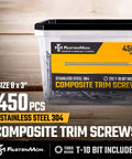 Composite Trim Screws #8 x 3” Stainless Steel 304, 450pcs - Hidden Fastener for PVC & Wood, Outdoor Deck & Exterior, Rust-Resistant T-10 Star Drive, 4lbs.