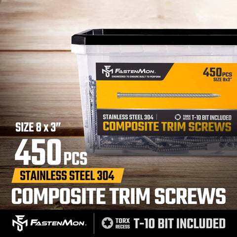 Composite Trim Screws #8 x 3” Stainless Steel 304, 450pcs - Hidden Fastener for PVC & Wood, Outdoor Deck & Exterior, Rust-Resistant T-10 Star Drive, 4lbs.