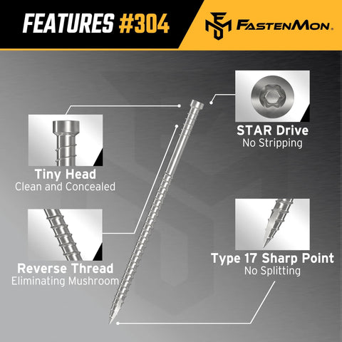 Composite Trim Screws #8 x 3” Stainless Steel 304, 450pcs - Hidden Fastener for PVC & Wood, Outdoor Deck & Exterior, Rust-Resistant T-10 Star Drive, 4lbs.