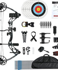 Adjustable 30 to 70 Pound Compound Bow And Arrow Set For Adults And Teens, right hand, camouflage finish, with accessories laid out
