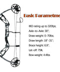 Adjustable 30 to 70 Pound Compound Bow And Arrow Set For Adults And Teens, Right Hand, Camouflage, specs listed beside bow.