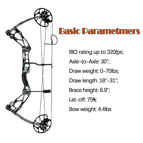 Adjustable 30 to 70 Pound Compound Bow And Arrow Set For Adults And Teens, Right Hand, Camouflage, specs listed beside bow.