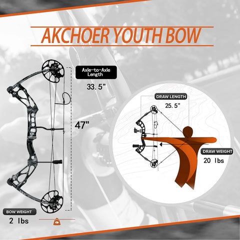 Adjustable 30 to 70 Pound Compound Bow And Arrow Set For Adults And Teens, dimensions and draw weight diagram by AKCHOER