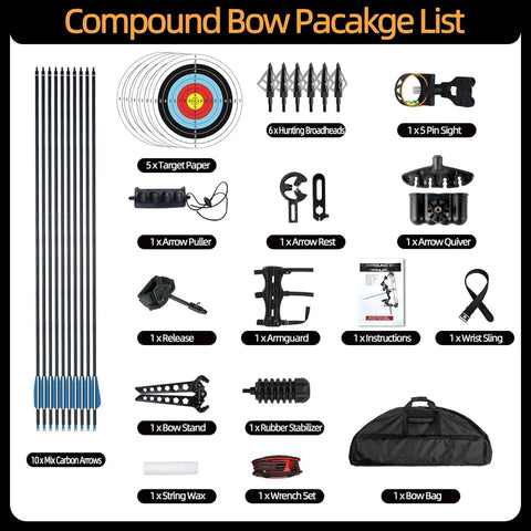Compound bow package with arrows, target papers, hunting broadheads, quiver, and accessories for Adjustable 30 to 70 Pound Compound Bow And Arrow Set For Adults And Teens