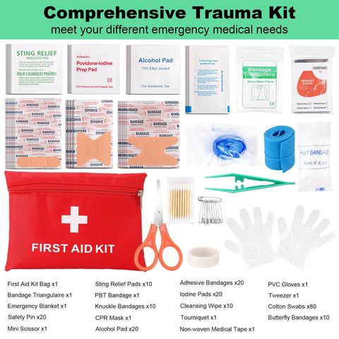 256 In 1 Survival First Aid Kit With MOLLE Pouch displaying various medical supplies and emergency gear.