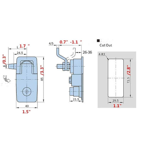 Technical drawing of two piece compression latch with flush sealed lever, lift and turn adjustable grip in black, steel and zinc alloy