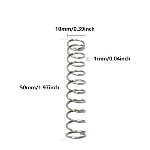 10 Pack Compression Springs, 304 Stainless Steel, High Elasticity And Stability, Durable DIY Springs For Crafts, Home Appliances And Mechanical Projects, 10mm Outer Diameter, 1mm Wire Diameter, 50mm Length shown with measurements.