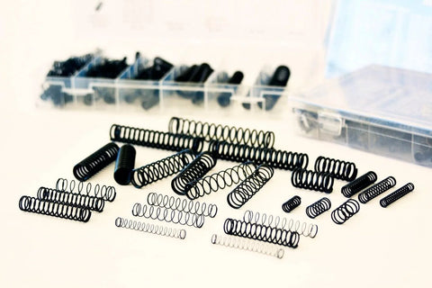 114 Piece Black Oxide Finish Compression Spring Assortment With 29 Sizes In A PP Storage Case Including Chart On Lid