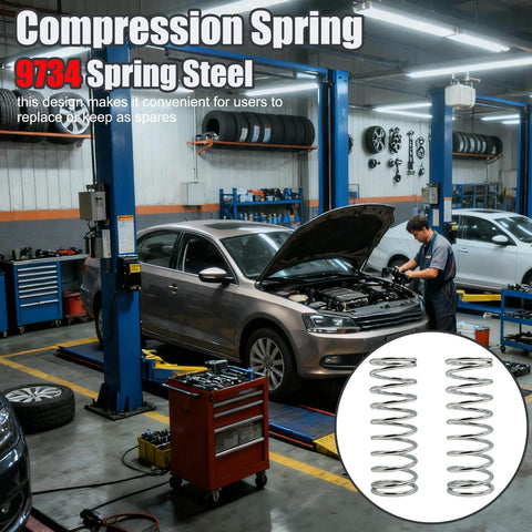 Mechanic working on car with Two Pack Nickel Plated Compression Springs Made From Spring Steel 0.105 Gauge Wire Seven Eighths Inch Diameter 3 Inch Long Heavy Duty Fatigue Resistant Precision Finish For Mechanical Automotive And DIY Projects in garage setting.