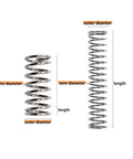 Diagrams of coil springs showing measurements for outer diameter, wire diameter, and length.