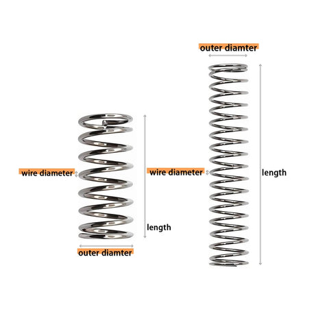 Diagrams of coil springs showing measurements for outer diameter, wire diameter, and length.