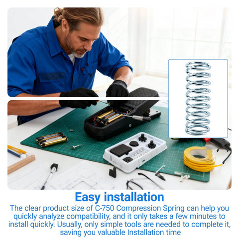 Man installing a battery with tools and a Three Quarter Inch Outer Diameter Compression Spring, Two Inch Length, 0.08 Inch Wire displayed.