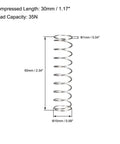 Compression Spring For D I Y Projects, 304 Stainless Steel, 15mm Outer Diameter, 1mm Wire Size, 30mm Compressed Length, 60mm Free Length, 35N Load Capacity, Silver Tone, Pack Of 5, Built Tough For Precision Tension And Return. Image showing front view and dimensions.