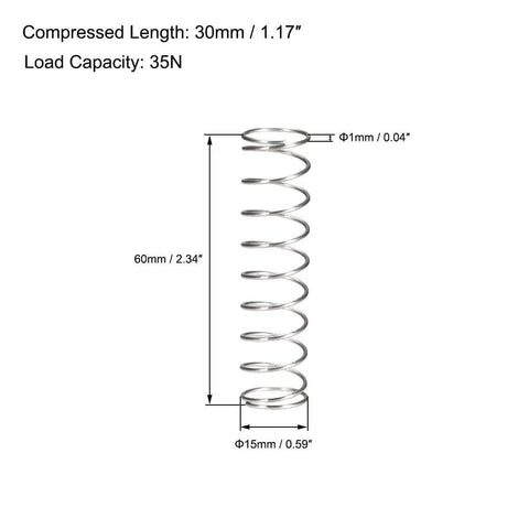 Compression Spring For D I Y Projects, 304 Stainless Steel, 15mm Outer Diameter, 1mm Wire Size, 30mm Compressed Length, 60mm Free Length, 35N Load Capacity, Silver Tone, Pack Of 5, Built Tough For Precision Tension And Return. Image showing front view and dimensions.
