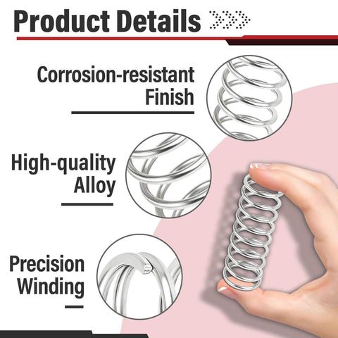 Hand holding Six Pack 9734 Compression Spring Set in Spring Steel, corrosion-resistant finish, with detailed alloy and winding.