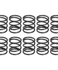 10 black compression springs, 13mm OD, 1.2mm wire, 15mm free length, shown vertically in rows, spring steel construction.