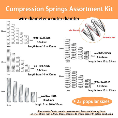 Image showing a compression springs assortment kit with various wire and outer diameters, featuring 23 popular sizes and measurement details.