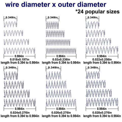 Compression Springs Set 24 Sizes 398 Pieces Of 304 Stainless Steel Coil Springs For DIY Repairs And Projects Rust Resistant High Tensile Strength Ideal For Handyman Electronics And Crafting, six different spring sizes shown in grid layout with measurements.