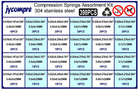 Compression Springs Set 24 Sizes 398 Pieces Of 304 Stainless Steel Coil Springs For DIY Repairs And Projects Rust Resistant High Tensile Strength Ideal For Handyman Electronics And Crafting displayed in a grid with part numbers and quantities
