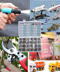 Image collage featuring assorted tools, toys, and a box labeled 'Compression Springs Set 24 Sizes 398 Pieces Of 304 Stainless Steel Coil Springs For DIY Repairs And Projects Rust Resistant High Tensile Strength Ideal For Handyman Electronics And Crafting.'