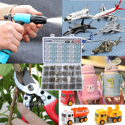 Image collage featuring assorted tools, toys, and a box labeled 'Compression Springs Set 24 Sizes 398 Pieces Of 304 Stainless Steel Coil Springs For DIY Repairs And Projects Rust Resistant High Tensile Strength Ideal For Handyman Electronics And Crafting.'