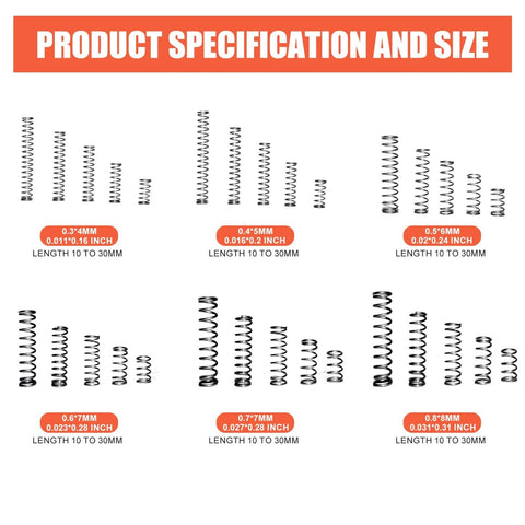 304 Stainless Steel Compression Springs Assortment Kit With 470 Pieces, 30 Sizes variety specifications and sizes chart