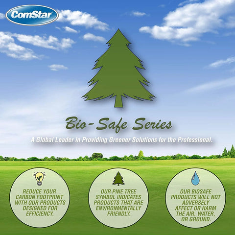 ComStar Bio-Safe Series logo with pine tree, emphasizing eco-friendly products and environmental safety.