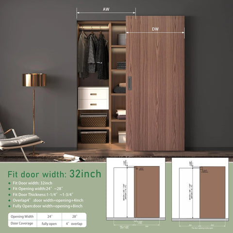 Concealed Barn Door Hardware Kit With Soft Close Mechanism And Invisible Wall Mount Aluminum Track For Smooth Operation And Modern Look Suitable For Door Opening Width 24 To 28 Inches Door Not Included Easy Mounting And Durable Construction shown installed on wooden wardrobe.