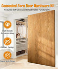 Concealed Sliding Barn Door Hardware Kit With Soft Close Mechanism in use on wooden door, wall mount, no floor track visible