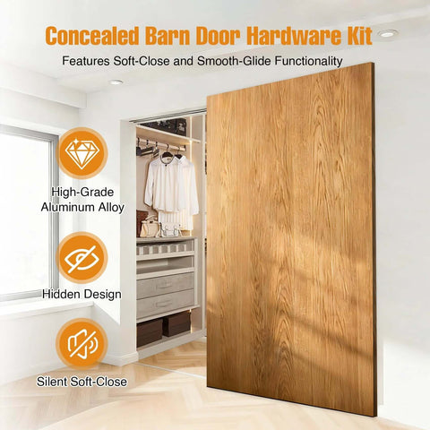 Concealed Sliding Barn Door Hardware Kit With Soft Close Mechanism in use on wooden door, wall mount, no floor track visible