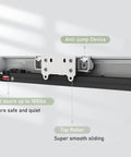 Close-up of concealed barn door hardware kit with soft close mechanism and invisible wall mount aluminum track for smooth operation.