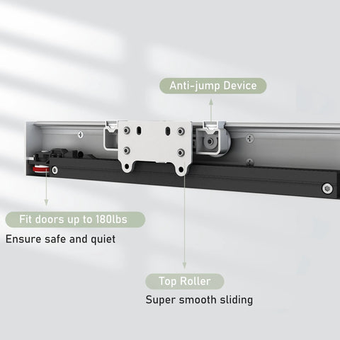 Close-up of concealed barn door hardware kit with soft close mechanism and invisible wall mount aluminum track for smooth operation.