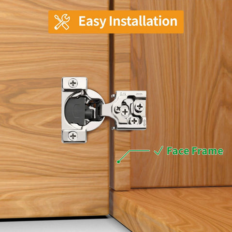 50 Pack Half Inch Overlay Concealed Cabinet Hinges With 3D Soft Close, 105 Degree Open Angle, Satin Nickel face frame installation