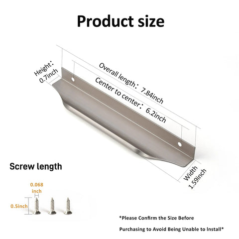 Concealed Finger Tab Cabinet Pulls Brushed Nickel 7.87 Inch Overall Length 200mm dimensions guide with screws shown