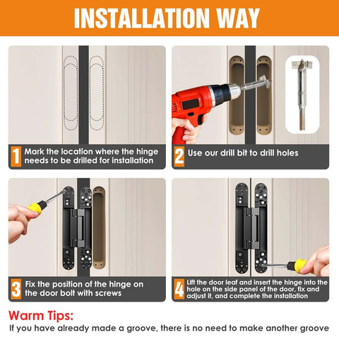 4-step installation guide for Concealed Hidden Door Hinge Set for Invisible Doors and Feature Walls, black finish, easy mount, Lipshome.