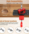 Concealed 35mm Cabinet Hinges With Foldable Soft Close Retrofit Design And Drill Locator Tool Kit showcasing screw locations.