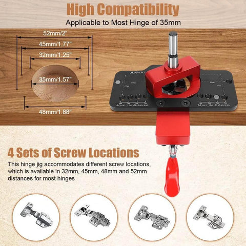 Concealed 35mm Cabinet Hinges With Foldable Soft Close Retrofit Design And Drill Locator Tool Kit showcasing screw locations.