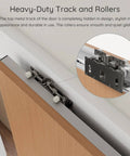 Close-up of concealed sliding barn door hardware and track floating wall mount with soft close and upgraded 4-wheel pulley system.