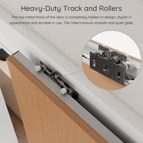 Close-up of concealed sliding barn door hardware and track floating wall mount with soft close and upgraded 4-wheel pulley system.