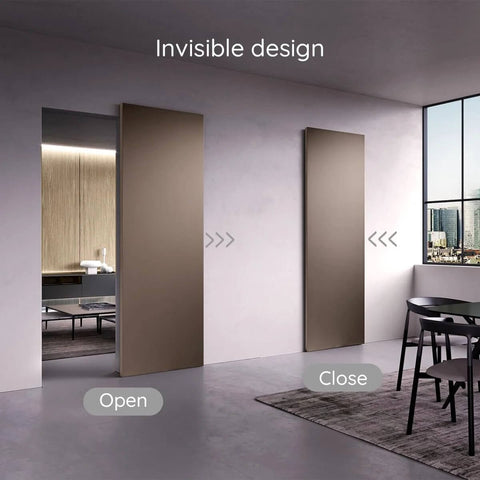 Concealed Sliding Barn Door Hardware and Track Floating Wall Mount, Soft Close and Quiet Operation installed in modern room