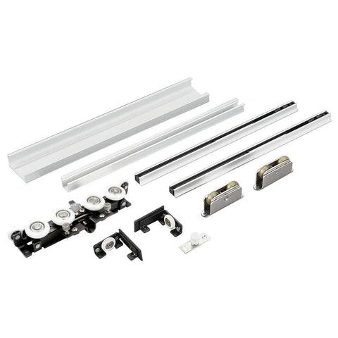 Concealed Sliding Barn Door Hardware and Track Floating Wall Mount, showing track pieces and pulley system components