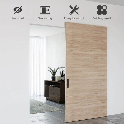 Installed Concealed Sliding Barn Door Hardware and Track Floating Wall Mount with wooden door, living room view.