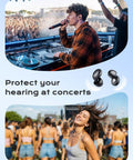 Concert ear plugs with 45dB noise reduction, high fidelity hearing protection displayed at a concert setting with a singer and crowd.