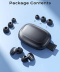 Concert Ear Plugs With 45dB Noise Reduction, 3 interchangeable eartips, and compact case laid out on a blue surface.