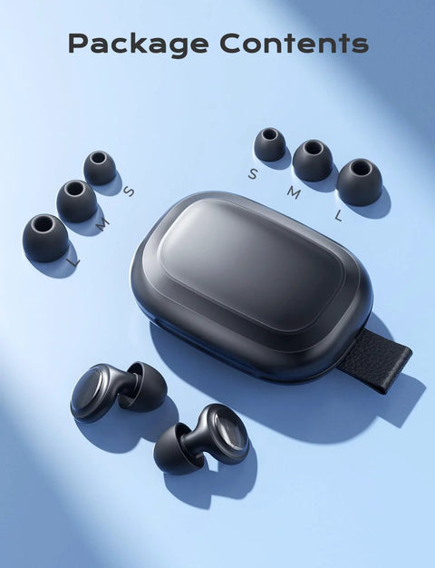 Concert Ear Plugs With 45dB Noise Reduction, 3 interchangeable eartips, and compact case laid out on a blue surface.